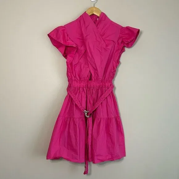 Derek Lam 10 Crosby Finn Ruffle Wrap Tiered Mini Shift Dress in Magenta Size 8 - Picture 4 of 11